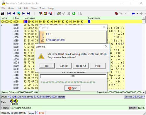 DiskExplorer: Error de restablecimiento fallido