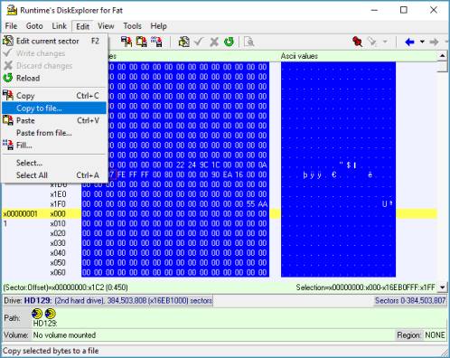 DiskExplorer: cuadro de diálogo «Copiar a archivo (Copy to File)»