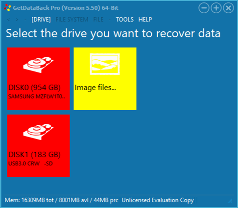 GetDataBack: Pantalla de inicio que muestra las unidades disponibles