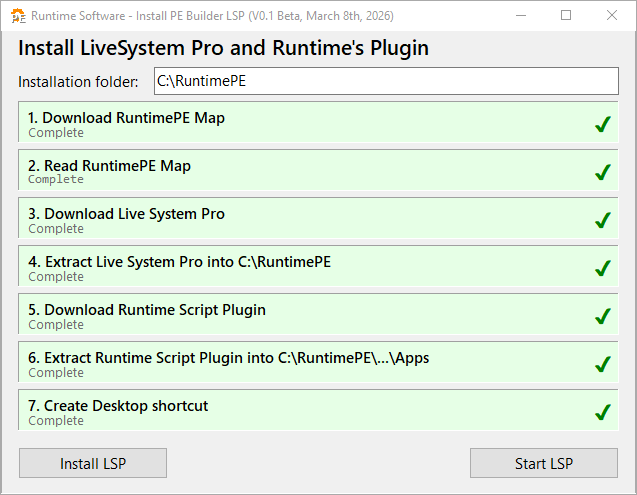 LiveSystem Pro y el complemento de Runtime se han instalado correctamente.