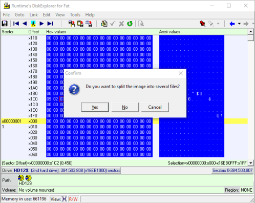 DiskExplorer : Invite de fractionnement d'image