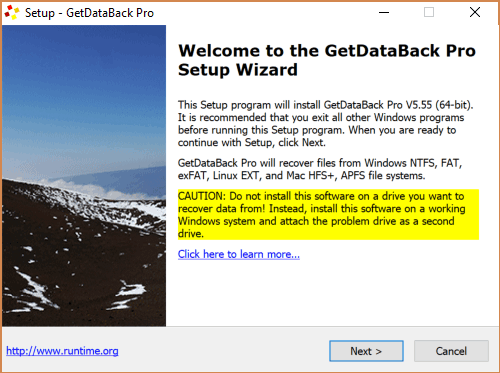 Programme d'installation de GetDataBack Pro