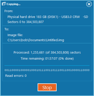 Progression de l'imagerie : cette fenêtre d'état vous informe du temps restant.